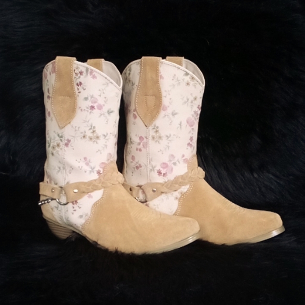Santa Fe Co Tan Cream Floral Suede Leather Western Boots Cowgirl Boots Size 7